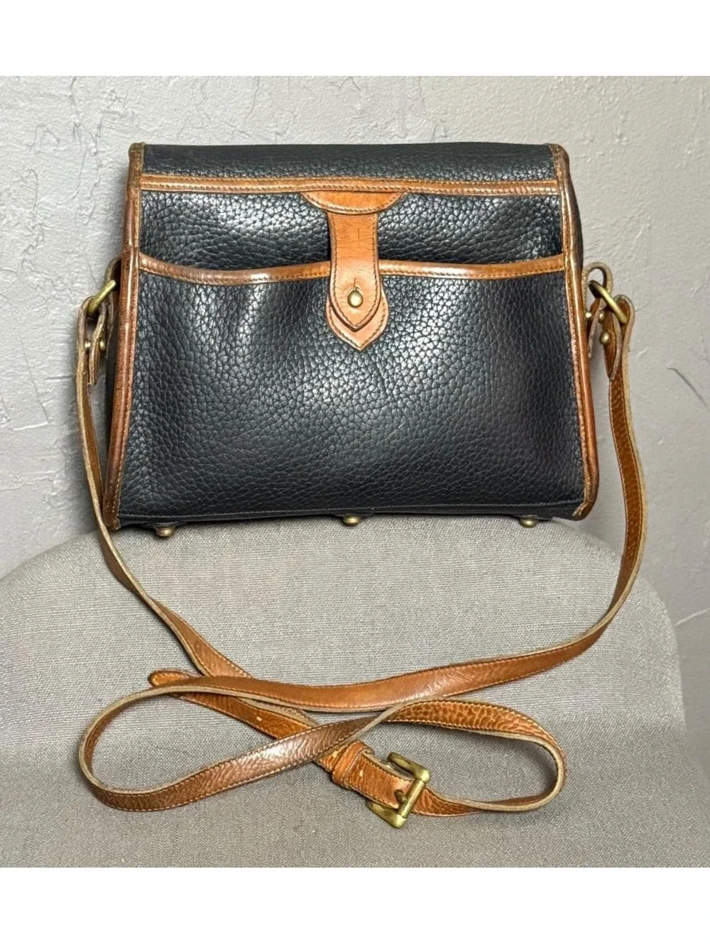 1980's Dooney & Bourke AWL Black + Cognac Brown Essex Bag Pebbled Leather